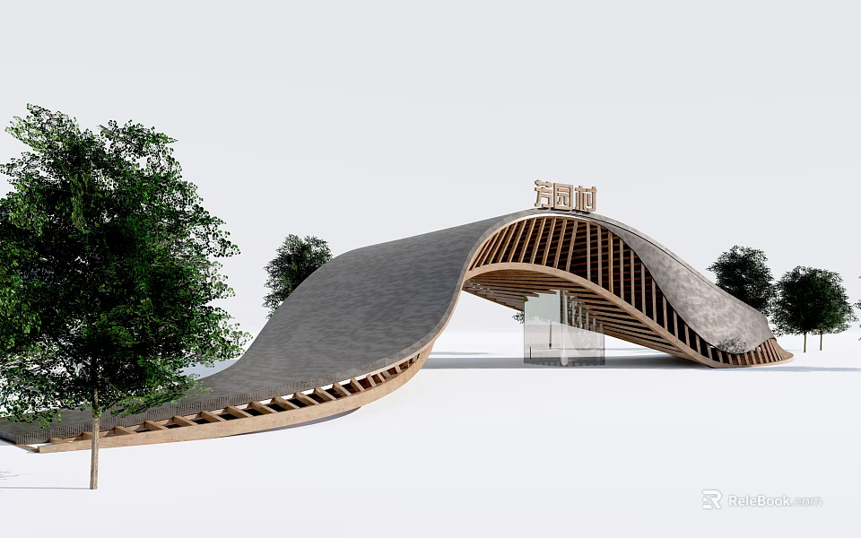 Modern Canal Entrance Gate With Curved Gray Roof And Wooden Structure 3d model 