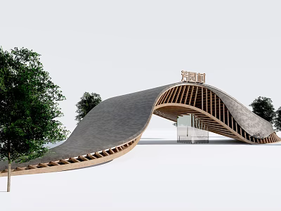 Modern Canal Entrance Gate With Curved Gray Roof And Wooden Structure 3d model