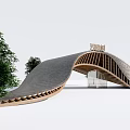 Modern Canal Entrance Gate With Curved Gray Roof And Wooden Structure