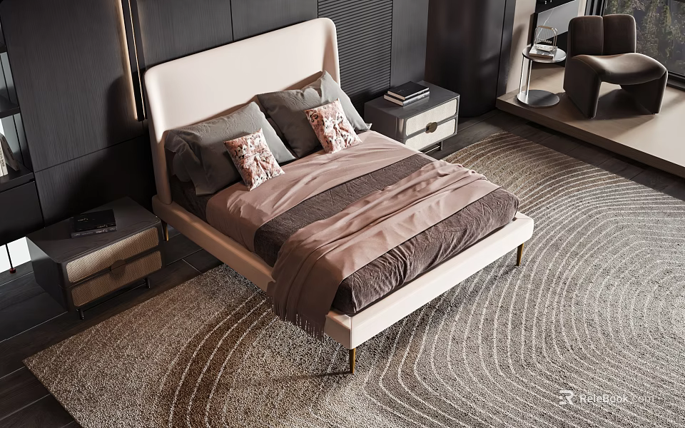 Elegant Modern Double Bed With Beige Headboard Brown Bedspread Decorative Pillows Nightstands And Wavy Pattern Rug 3d model 