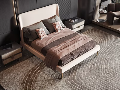 Elegant Modern Double Bed With Beige Headboard Brown Bedspread Decorative Pillows Nightstands And Wavy Pattern Rug 3d model