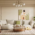 Modern Living Room Interior With Beige Sofa Green Cushions Art Painting Green Plants And Chandelier