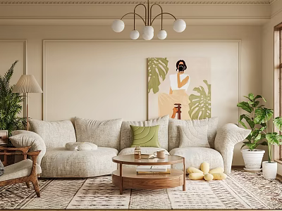Modern Living Room Interior With Beige Sofa Green Cushions Art Painting Green Plants And Chandelier 3d model