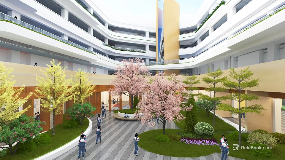 Modern Multi Storey School Building With Central Courtyard Greenery And Students 3d model 