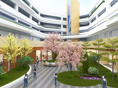 Modern Multi Storey School Building With Central Courtyard Greenery And Students 3d model