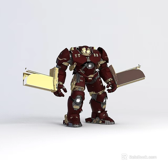 Tech Exhibition Hall Showcasing Red Mechanical Armor With Golden Accents And Futuristic Design 3d model 