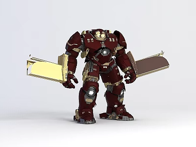 Tech Exhibition Hall Showcasing Red Mechanical Armor With Golden Accents And Futuristic Design 3d model