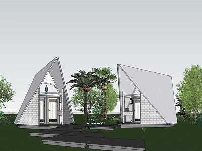 Modern Triangular Roof Buildings With Palm Trees Lawn And Stone Pathway 3d model