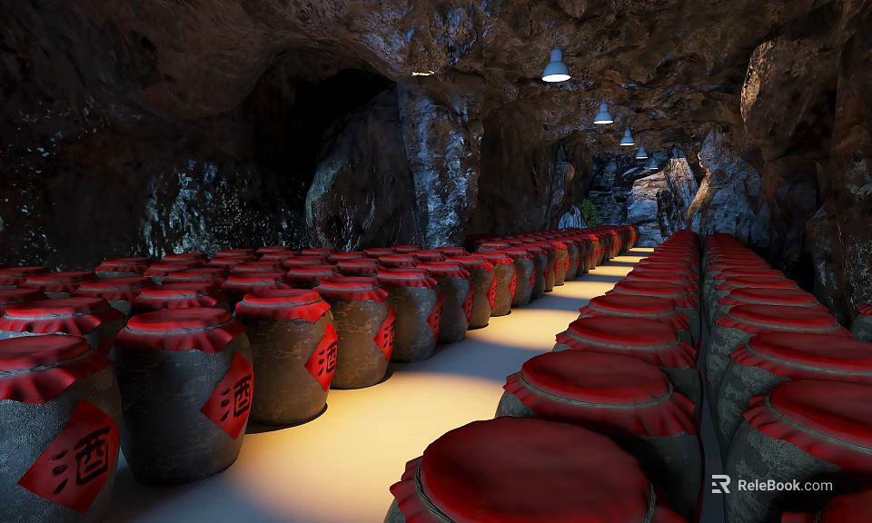 Traditional Wine Cellar With Red Wine Jars In Cave 3d model 