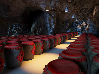 Traditional Wine Cellar With Red Wine Jars In Cave 3d model