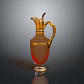 Golden And Red Vase Shaped Sculpture With Ornate Handle And Shiny Surface