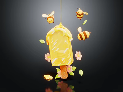 Yellow Honey Popsicle with Bees Flowers Leaves and Nuts on Black Background 3d model