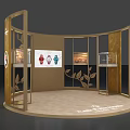 Golden Curved Exhibition Booth With Watch Displays And Glass Shelves