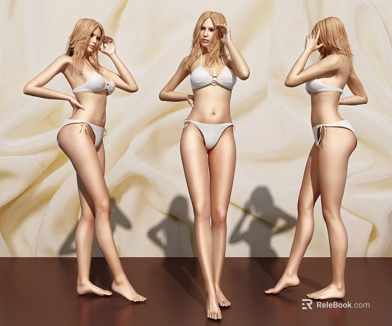 Three Women In White Bikini Posing Against Light Wavy Textured Fabric Background With Dark Floor 3d model 