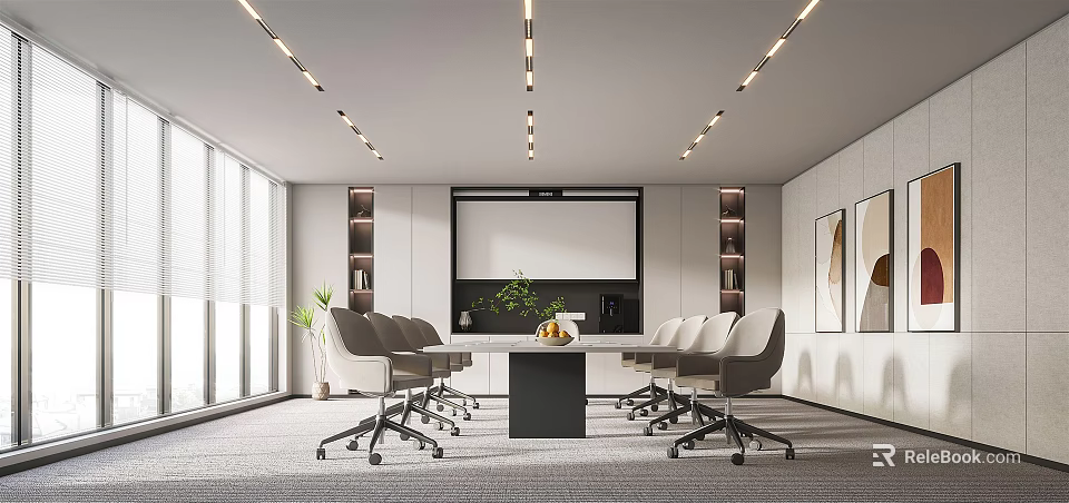 Modern Conference Room Interior Design With Long Table Gray Chairs Projector Screen And Ceiling Lights 3d model