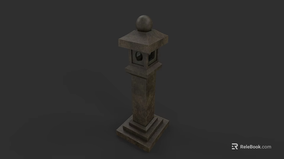 Traditional Stone Lantern With Square Base And Carved Pillar Top Sphere 3d model 