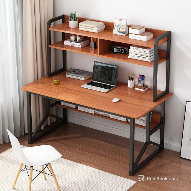 Wooden Top Desk With Metal Frame Laptop Mouse Stationery And Books On Shelf 3d model 