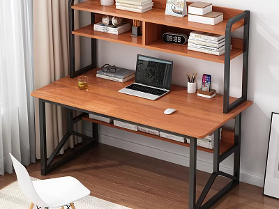 Wooden Top Desk With Metal Frame Laptop Mouse Stationery And Books On Shelf 3d model