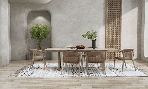 Quiet Dining Table and Chair Combination Dining Table and Chair Casual Chair Potted Plants 3d model