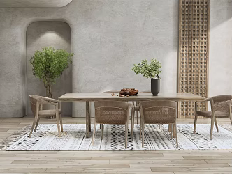 Quiet Dining Table and Chair Combination Dining Table and Chair Casual Chair Potted Plants 3d model