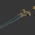 Fantasy Roleplay Ornate Sword With Detailed Skull Design And Green Golden Patterns