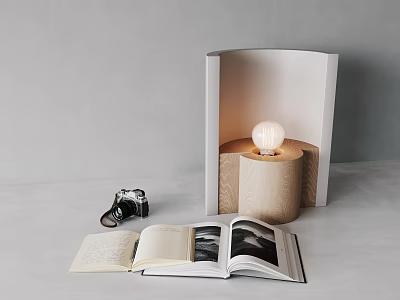 Minimalist Modern Table Lamp With Soft Light On Tabletop Near Open Book And Camera 3d model