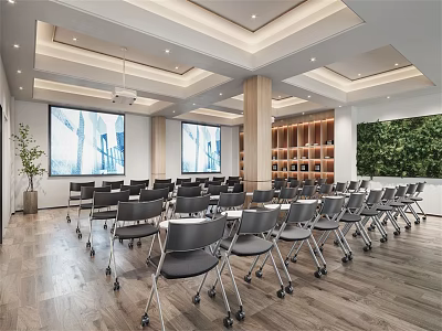 Modern Conference Room Interior With Rolling Chairs Large Screens Green Plant Wall And Wooden Flooring 3d model