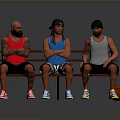 Three Men Sitting On Wooden Bench With Basketball Tank Tops Shorts And Sneakers