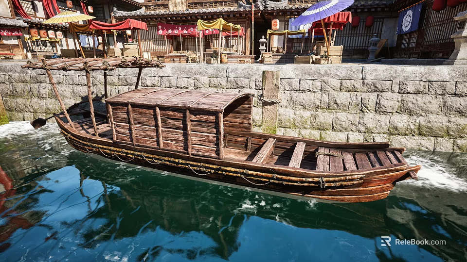 Traditional Wooden Boat Moored by Riverside with Stone Wall and Colorful Canopies 3d model 