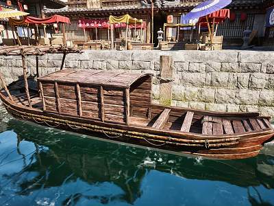 Traditional Wooden Boat Moored by Riverside with Stone Wall and Colorful Canopies 3d model