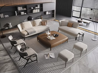 Modern Sofa And Coffee Table Set With Armchairs Stools Bookshelf And Floor Lamp On Rug 3d model