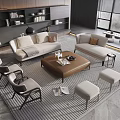 Modern Sofa And Coffee Table Set With Armchairs Stools Bookshelf And Floor Lamp On Rug