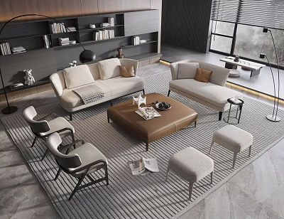 Modern Sofa And Coffee Table Set With Armchairs Stools Bookshelf And Floor Lamp On Rug 3d model