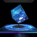 Futuristic Exhibition Island With Blue Floating Cube Illuminated Base And Digital Screen