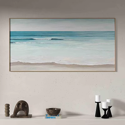 Blue Ocean Seascape Oil Painting With White Waves And Sandy Beach Wall Art 3d model