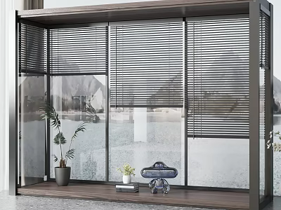 Floor-to-Ceiling Windows With Horizontal Blinds Glass Panels Outdoor View And Indoor Plant Decor 3d model