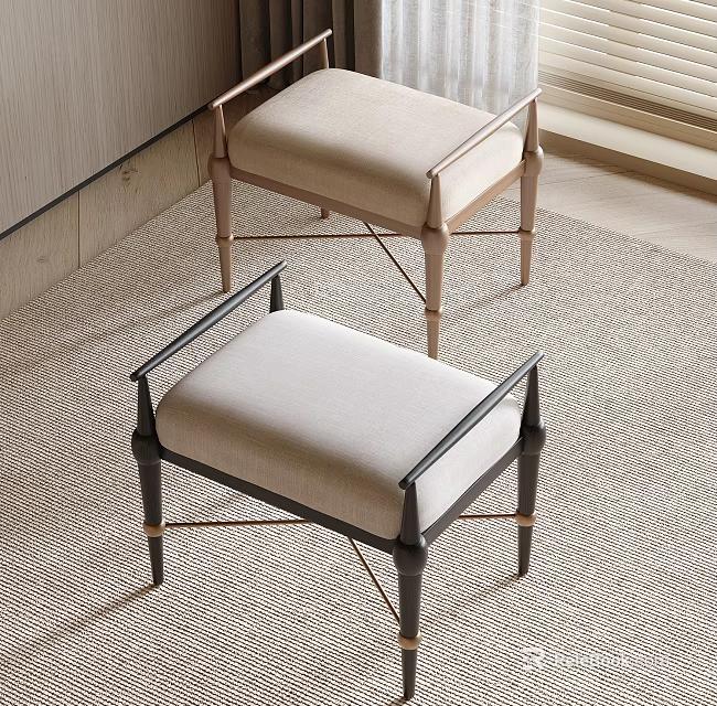 Modern Two Upholstered Stools With Black And Gold Metal Frames And Beige Cushions 3d model 