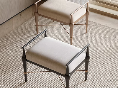 Modern Two Upholstered Stools With Black And Gold Metal Frames And Beige Cushions 3d model