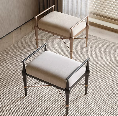 Modern Two Upholstered Stools With Black And Gold Metal Frames And Beige Cushions 3d model