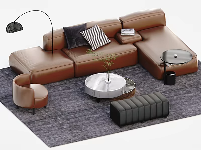Modern Brown Leather Sofa and Coffee Table Set with Throw Pillows Floor Lamp and Ottoman 3d model