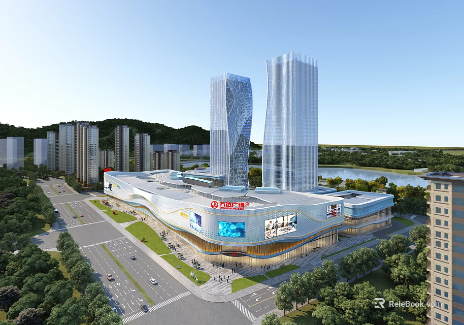 Modern Commercial Complex with Modern Architecture Skyscrapers Shopping Plaza Greenery and River View 3d model 