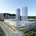 Modern Commercial Complex with Modern Architecture Skyscrapers Shopping Plaza Greenery and River View