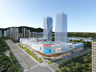 Modern Commercial Complex with Modern Architecture Skyscrapers Shopping Plaza Greenery and River View 3d model