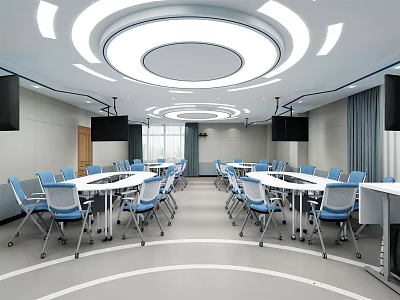 School Modern Classroom With White Tables Blue Chairs Circular Lights And Large Screens 3d model