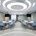School Modern Classroom With White Tables Blue Chairs Circular Lights And Large Screens