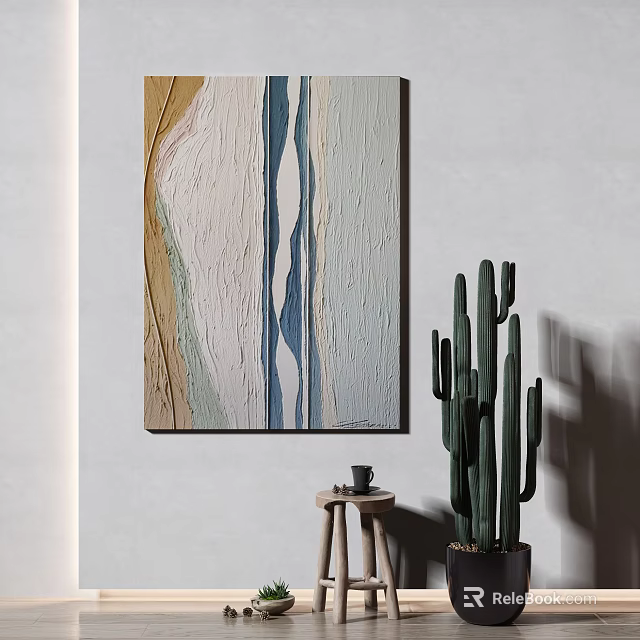 Abstract Textured Canvas Art With Green Cactus And Small Stool In Interior 3d model