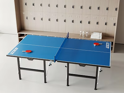 Blue Ping Pong Table With Red Paddles And Water Bottles In Locker Room 3d model