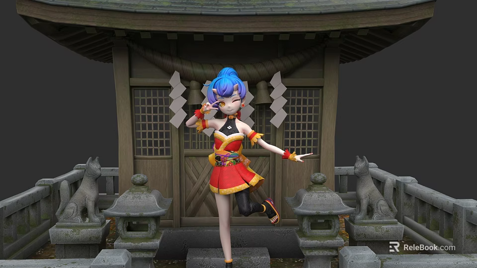 Woman With Blue Hair In Red Yellow Outfit At Traditional Japanese Building With Lanterns Lions 3d model 