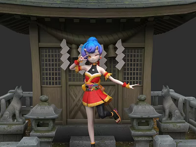 Woman With Blue Hair In Red Yellow Outfit At Traditional Japanese Building With Lanterns Lions 3d model