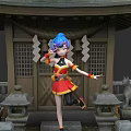Woman With Blue Hair In Red Yellow Outfit At Traditional Japanese Building With Lanterns Lions